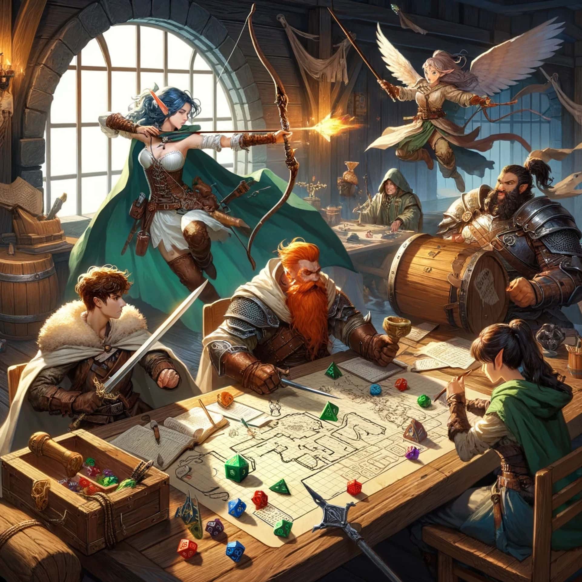Epische Szene: Spieler geniessen ein Dungeons-&-Dragons-Spiel mit Würfeln und Charakterbögen