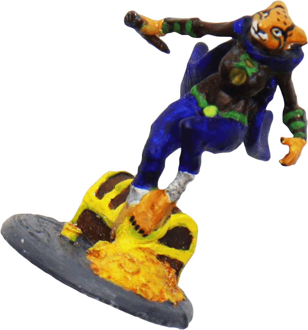 Detaillierte Miniatur einer Tabaxi-Figur, die mit einem Messer springt, für Rollenspiel-Abenteuer entworfen.