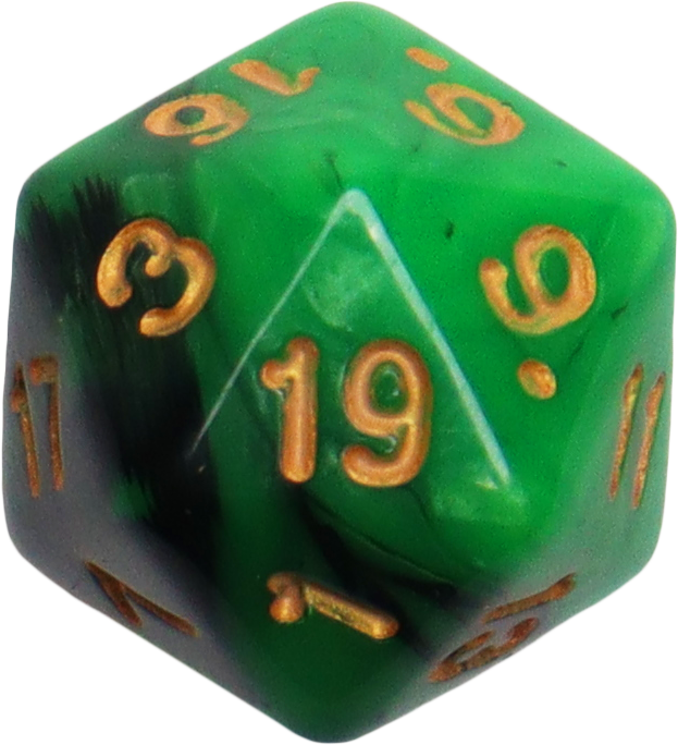Nahaufnahme eines grünen W20-Würfels mit goldenen Zahlen, der für Tabletop-Rollenspiele wie D&D verwendet wird.