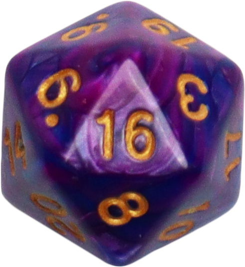 Draufsicht auf einen lila zwanzigseitigen Würfel mit der goldenen 16, bekannt aus Dungeons & Dragons.