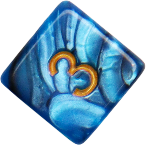 Nahaufnahme eines schimmernden blauen d6-Würfels mit goldenen Zahlen, ideal für Tabletop-RPGs.