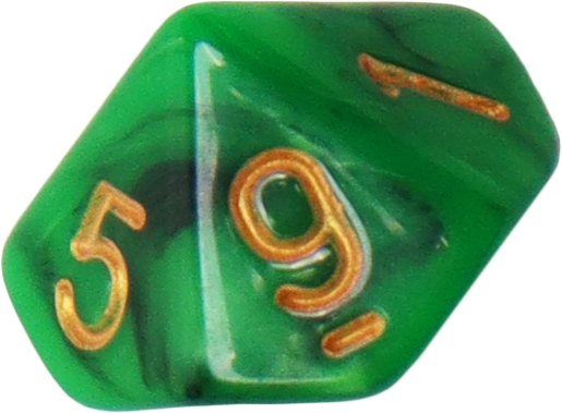 Grüner W10-Würfel mit goldenen Zahlen 5 und 9 sichtbar.