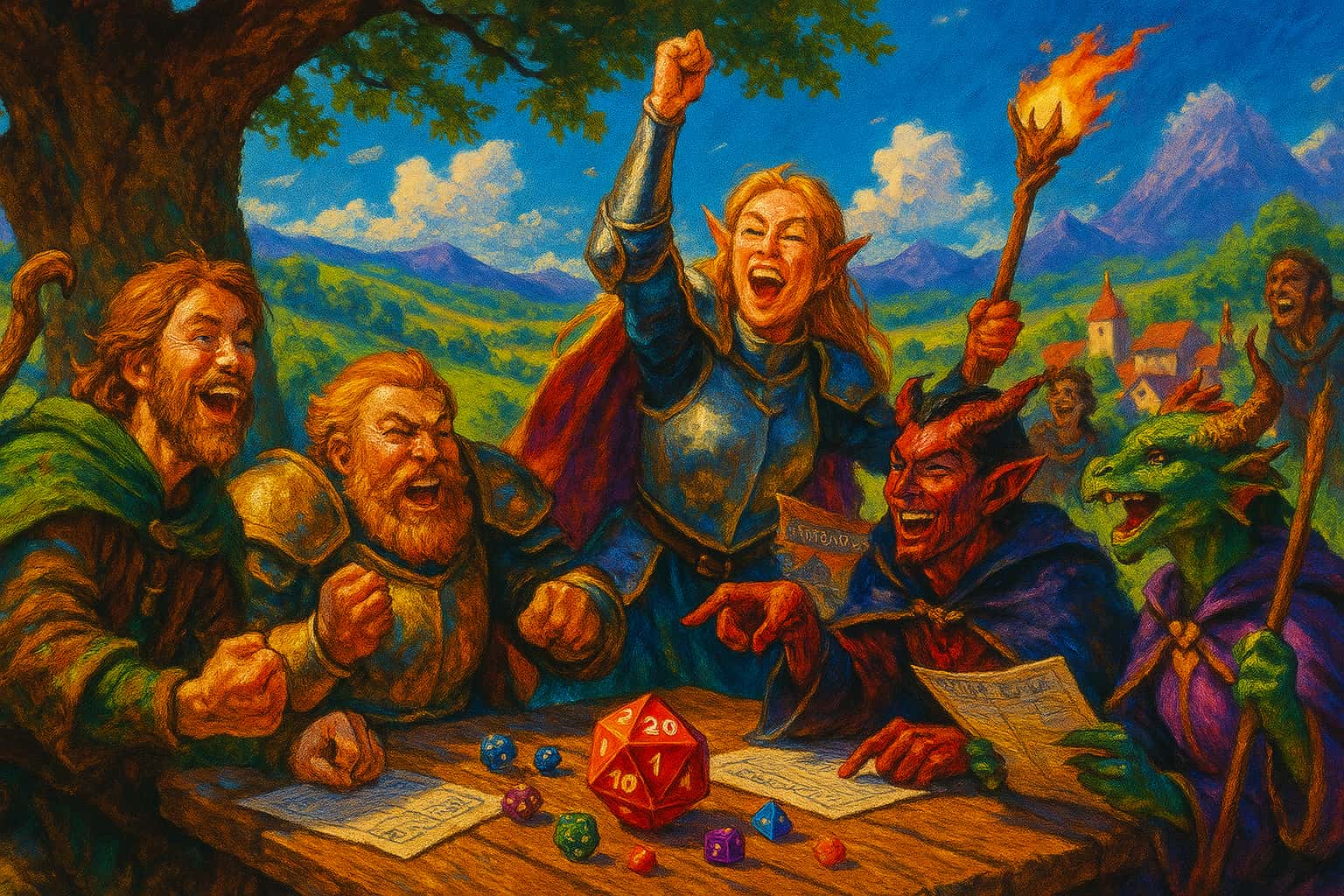 Fantasy-Szene mit Abenteurern und Würfeln am Tisch in einer epischen Dungeons-&-Dragons-Spielrunde