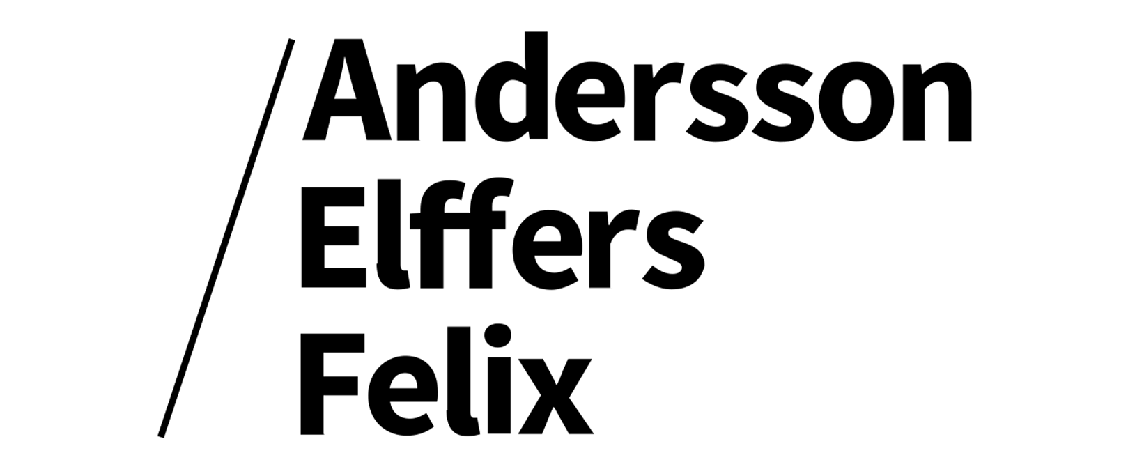 Andersson Elffers Felix-Logo mit gestapeltem schwarzen Text und einer diagonalen Linie.