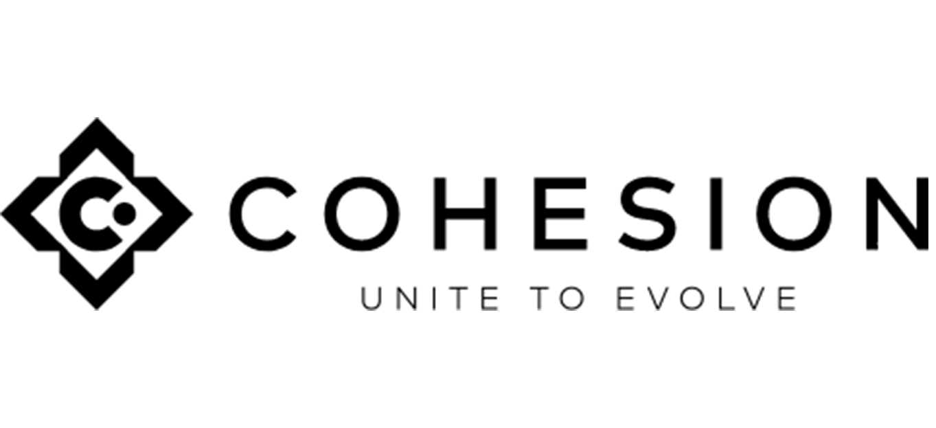 Cohesion-Logo mit geometrischem Symbol und dem Slogan „Unite to Evolve“.