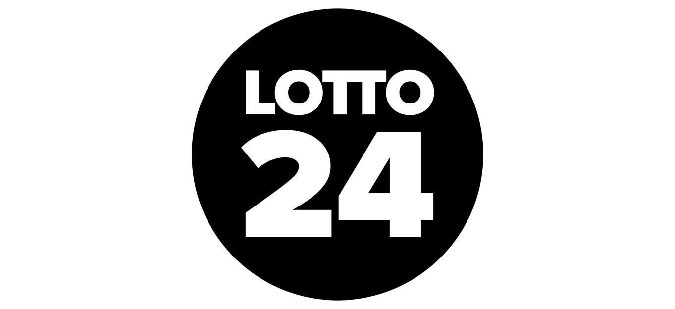 Lotto24-Logo mit weißer Schrift in einem schwarzen Kreis.