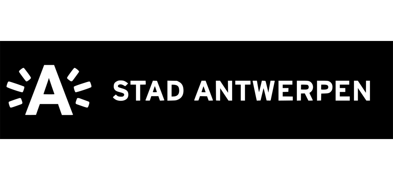 Stadt Antwerpen Logo mit einem fetten weißen A und strahlenden Linien auf schwarzem Hintergrund.
